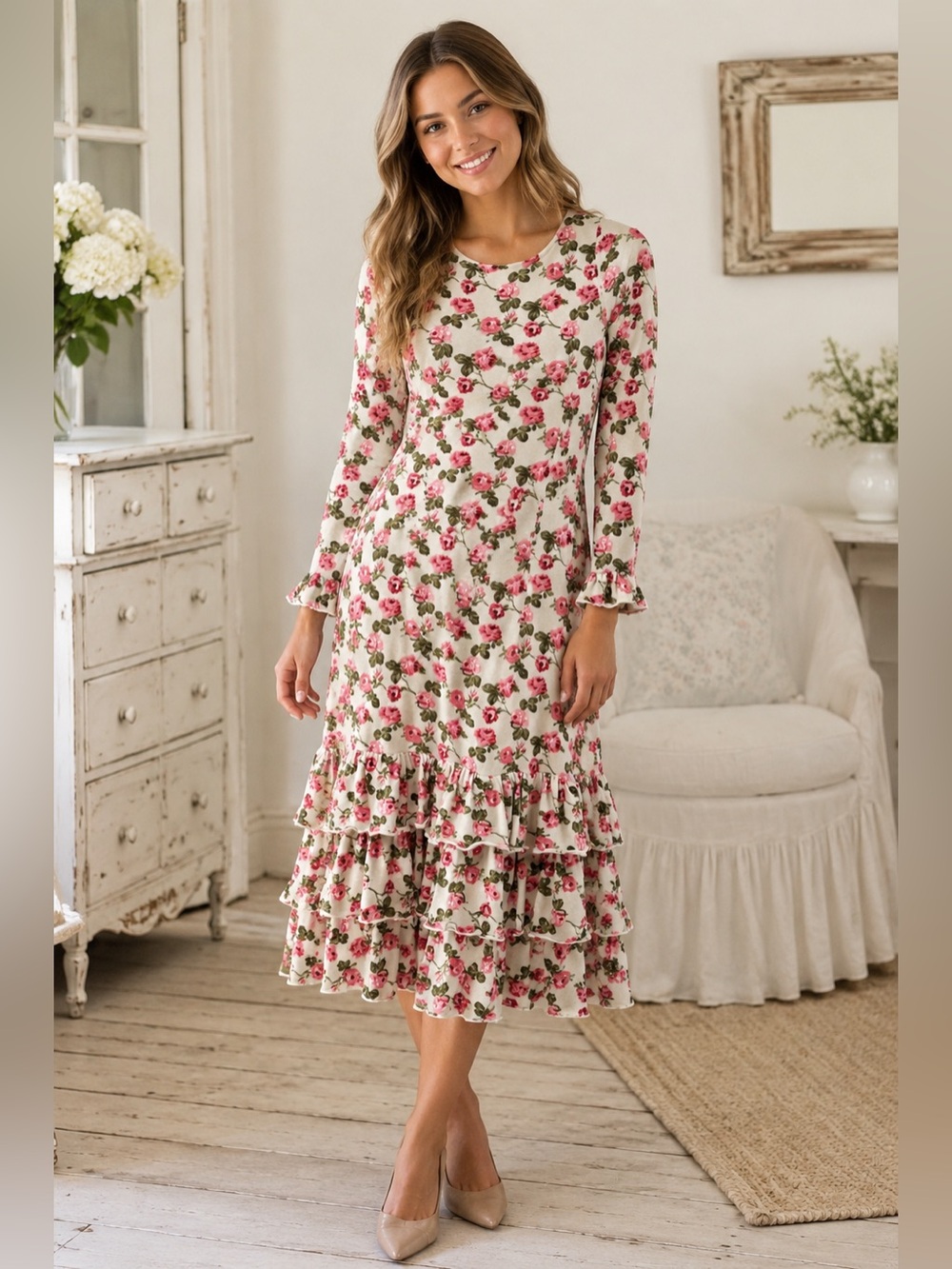 Rose Floral Tiered Ruffle Midi Dress Cottagecore Romantic Size Small